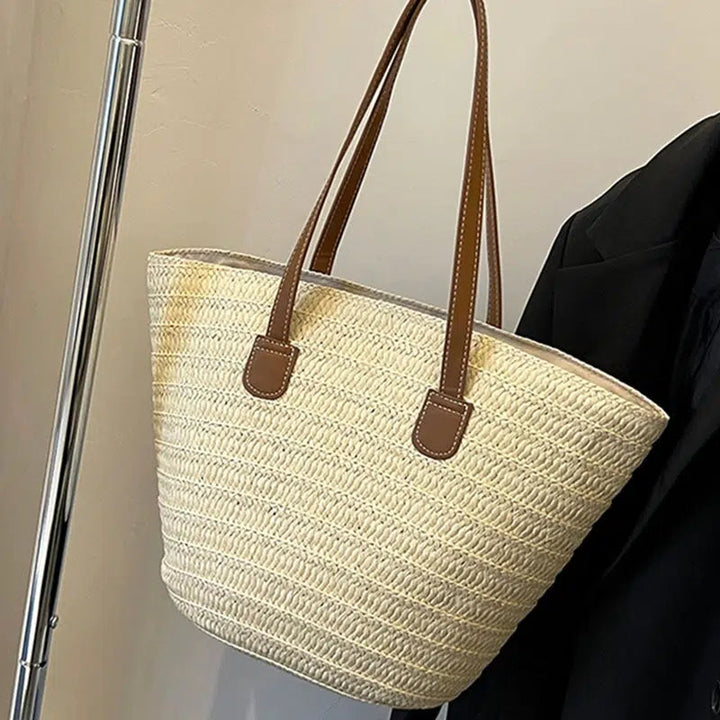 Handwoven Straw Leather Handles Tote Bag