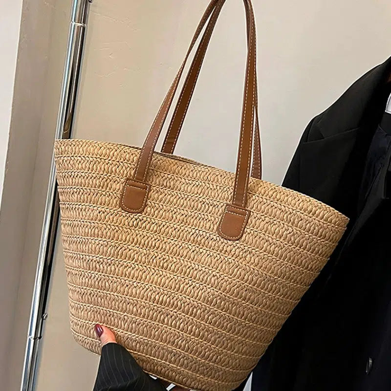 Handwoven Straw Leather Handles Tote Bag