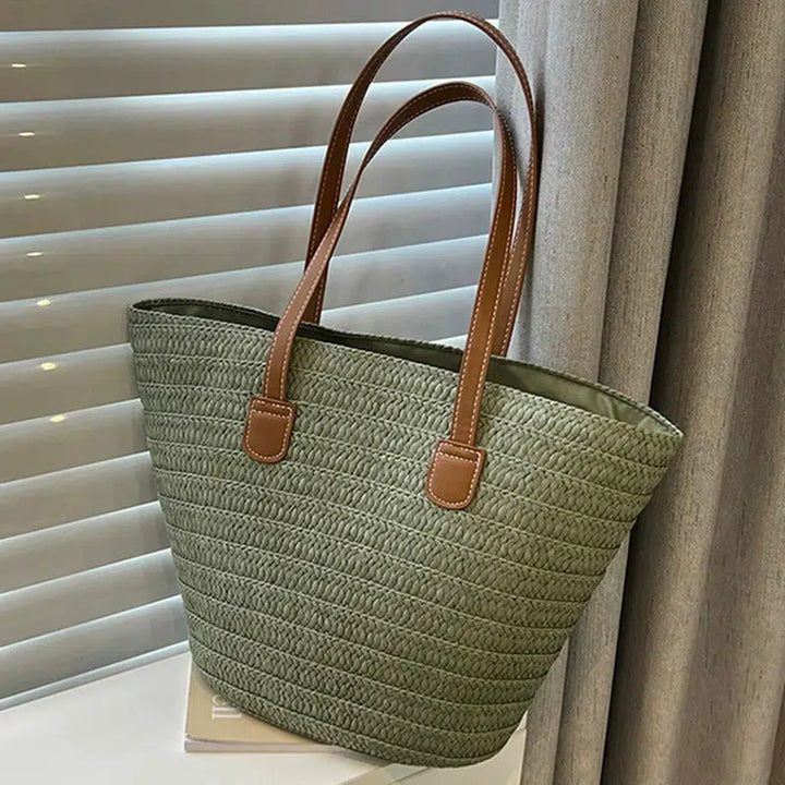 Handwoven Straw Leather Handles Tote Bag