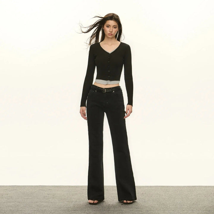 High-Waist Flared Casual Pants with Contrast Stitching