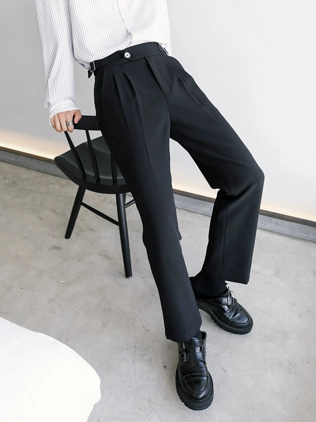 High-Waist Pleated Buckle Pants