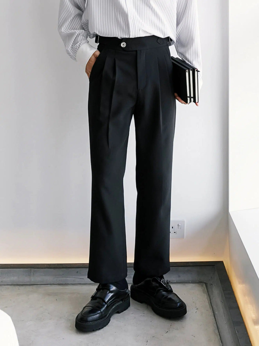 High-Waist Pleated Buckle Pants