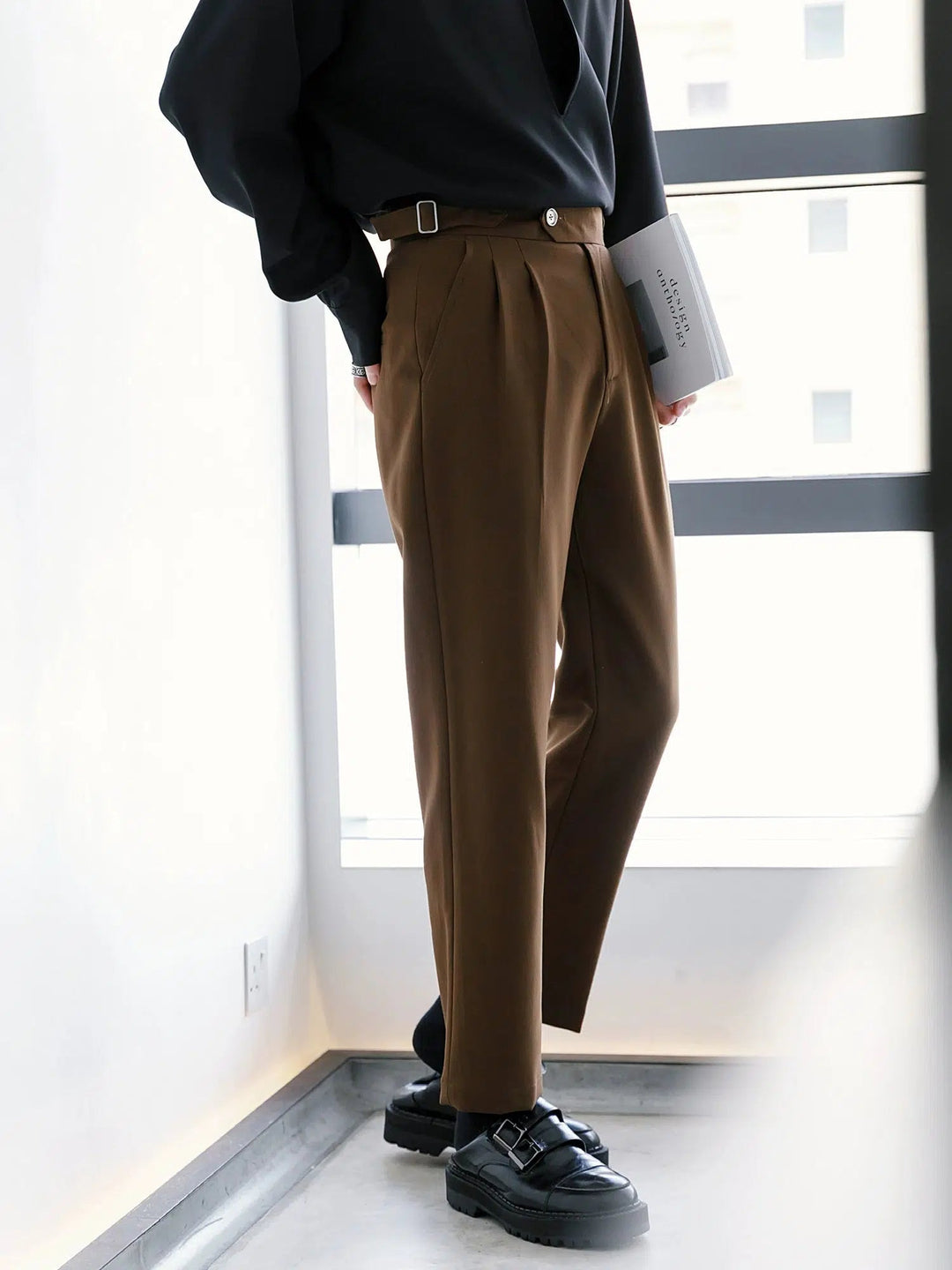 High-Waist Pleated Buckle Pants