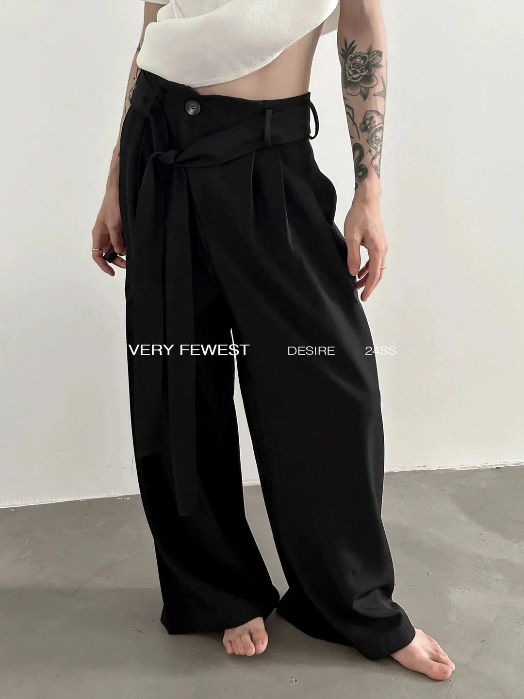 High Waisted Tie down Wide Leg Pants Black S