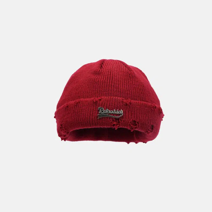 Hole Metal Letter Patch Knitted Wool Hat