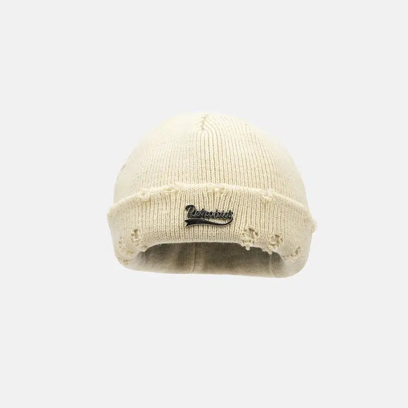 Hole Metal Letter Patch Knitted Wool Hat