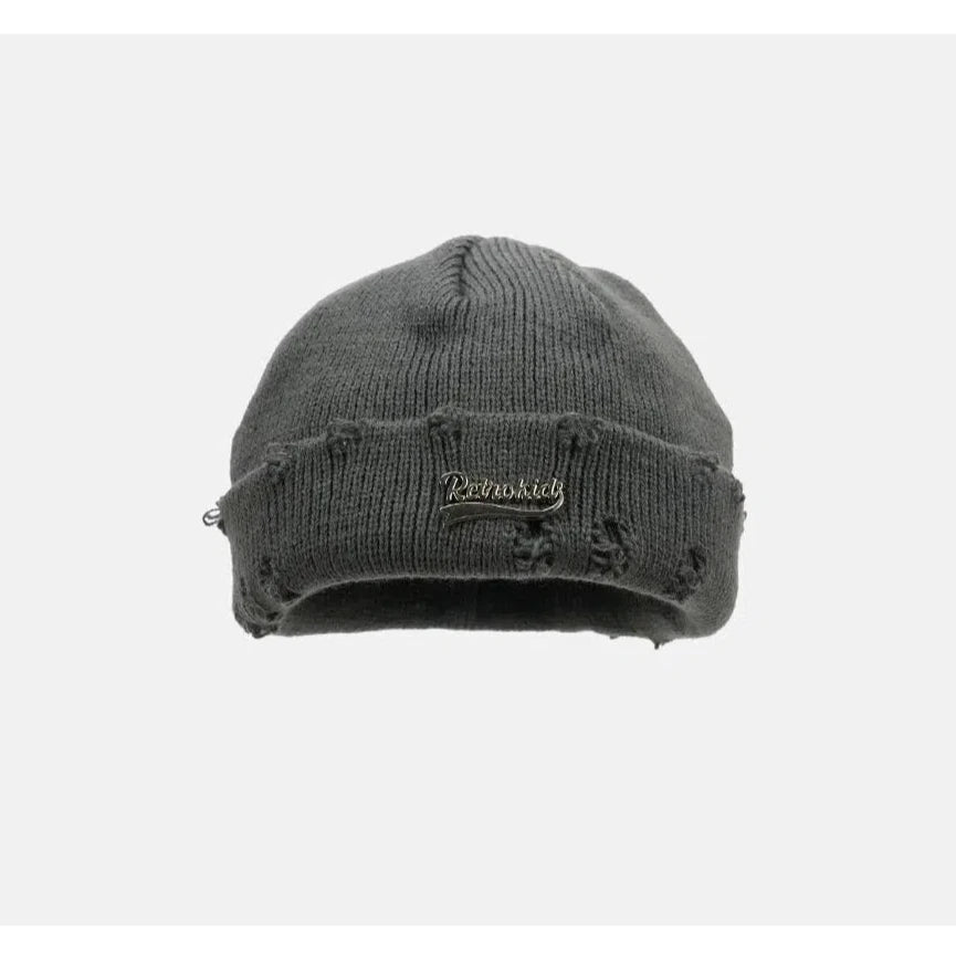 Hole Metal Letter Patch Knitted Wool Hat