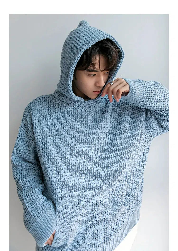 Hollow Knitted Hooded Sweater S Blue