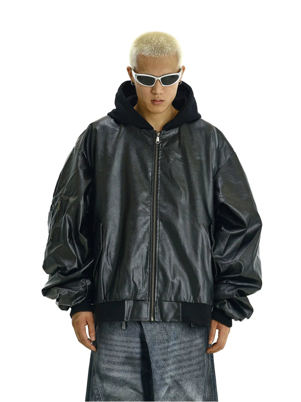 Hooded Faux Leather Bomber Jacket