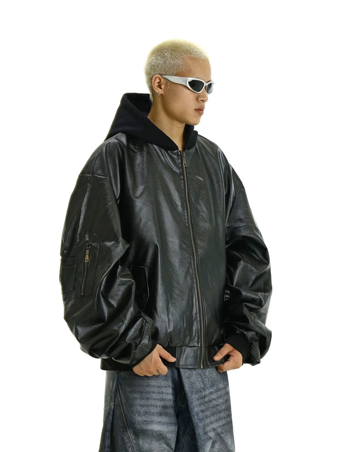 Hooded Faux Leather Bomber Jacket