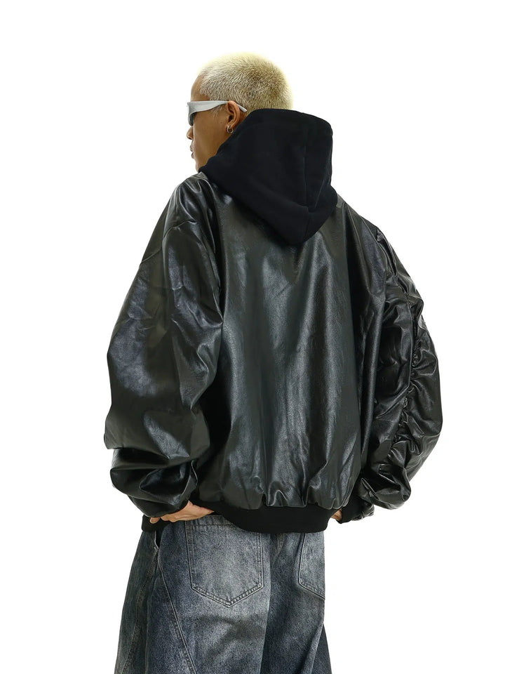 Hooded Faux Leather Bomber Jacket