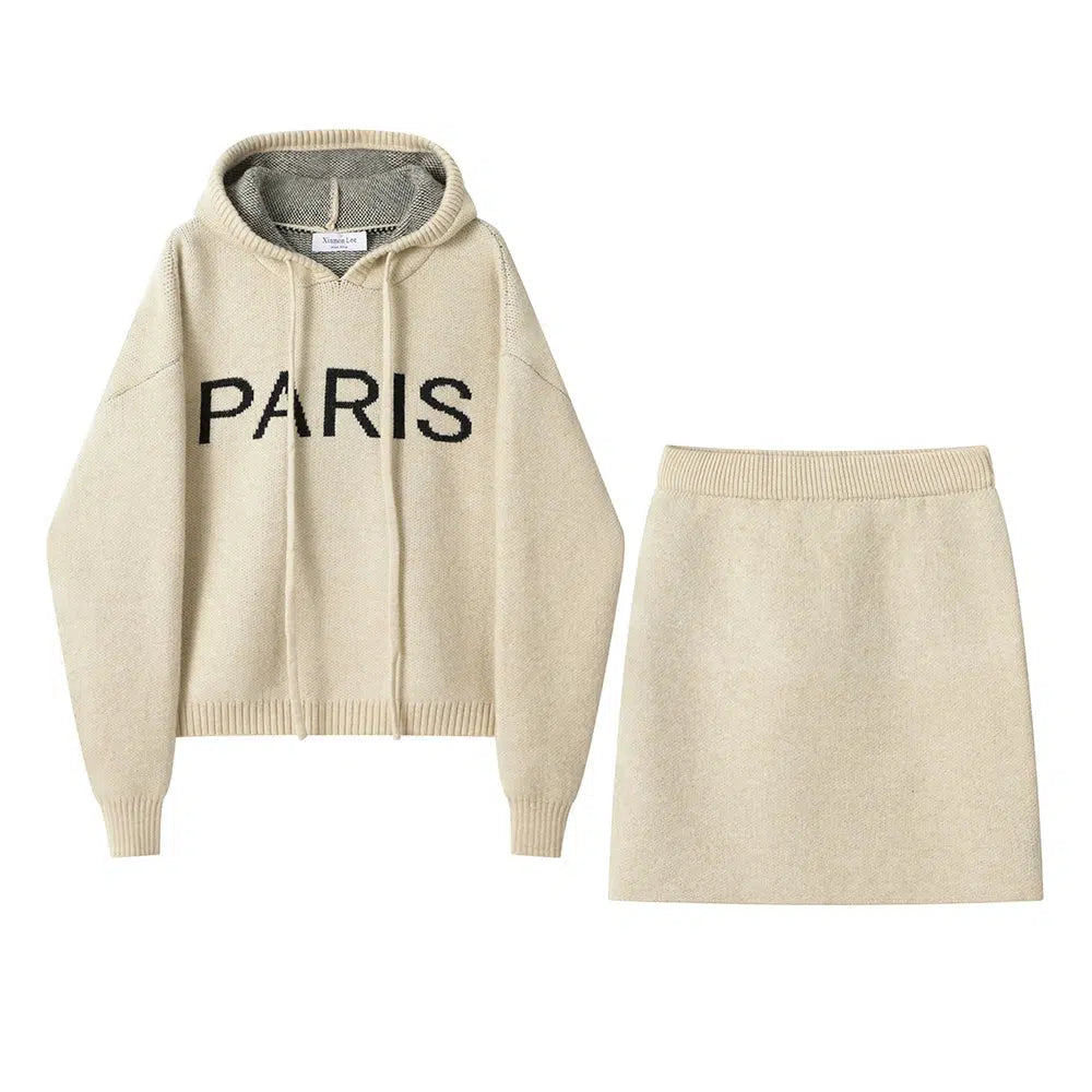 Paris Print Hooded Knit Skirt Set