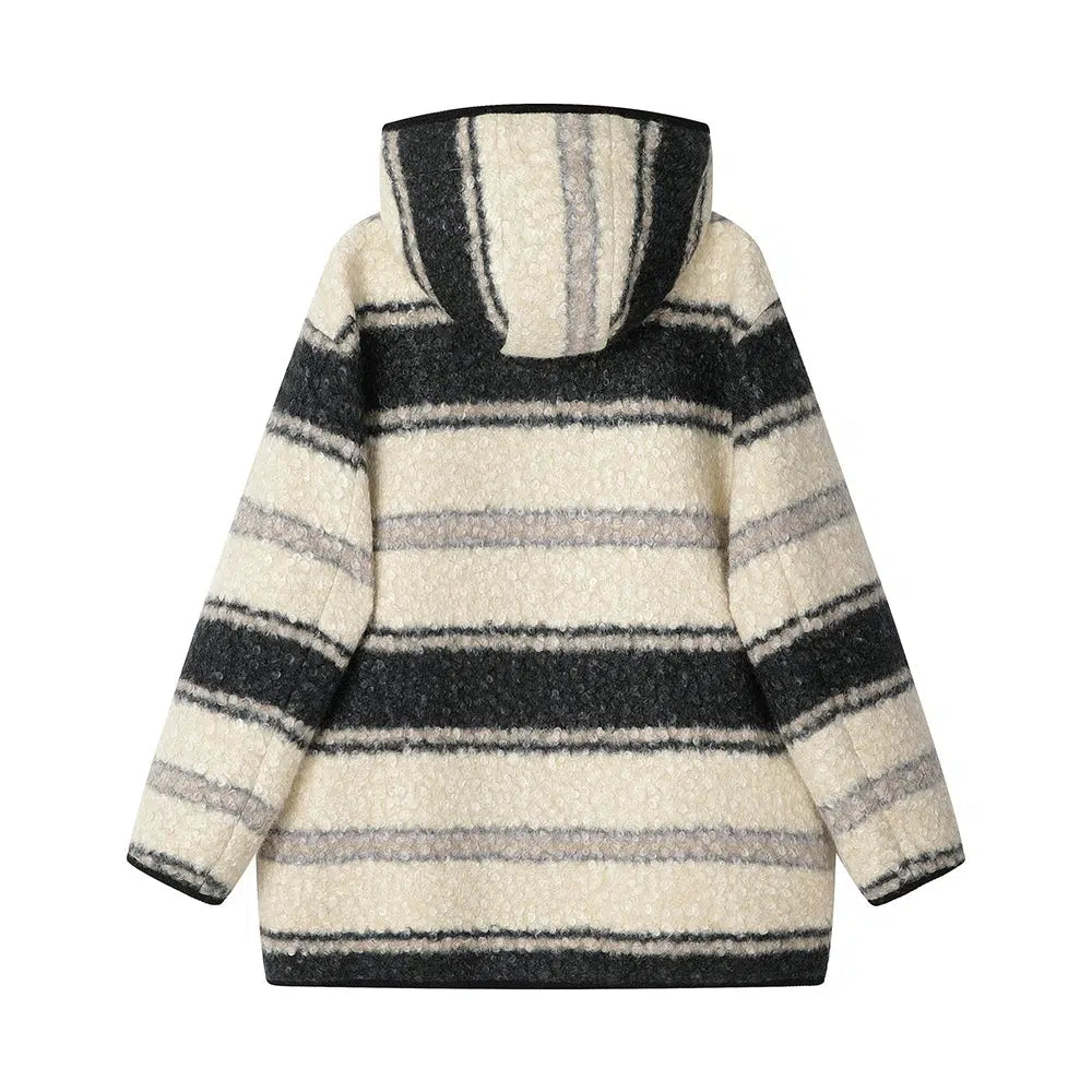 Pockets Hooded Striped Wool Coat