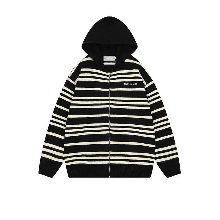 Hooded Striped Zip-Up Knit Sweater