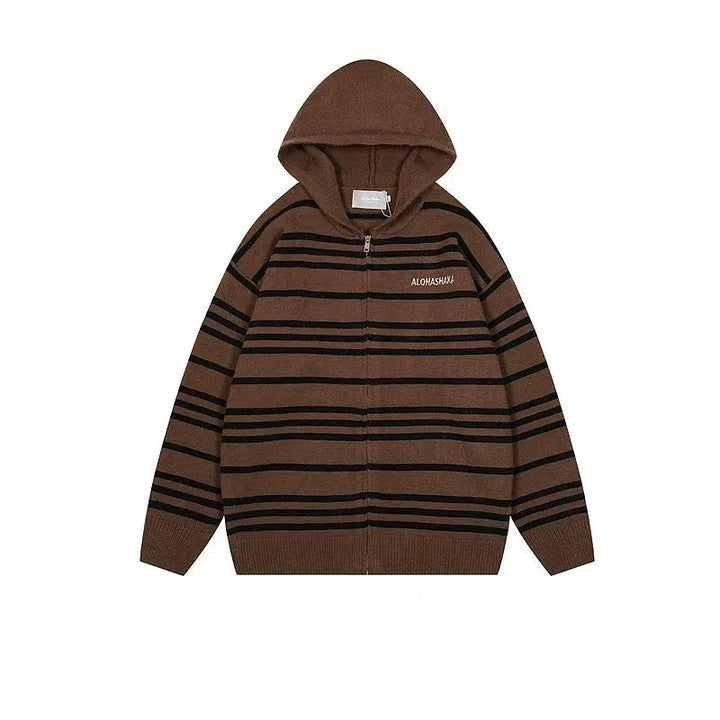 Hooded Striped Zip-Up Knit Sweater