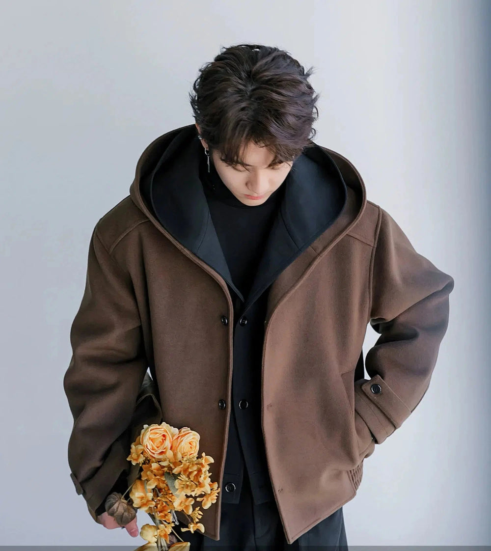 Hooded Wool Coat with Button Closure