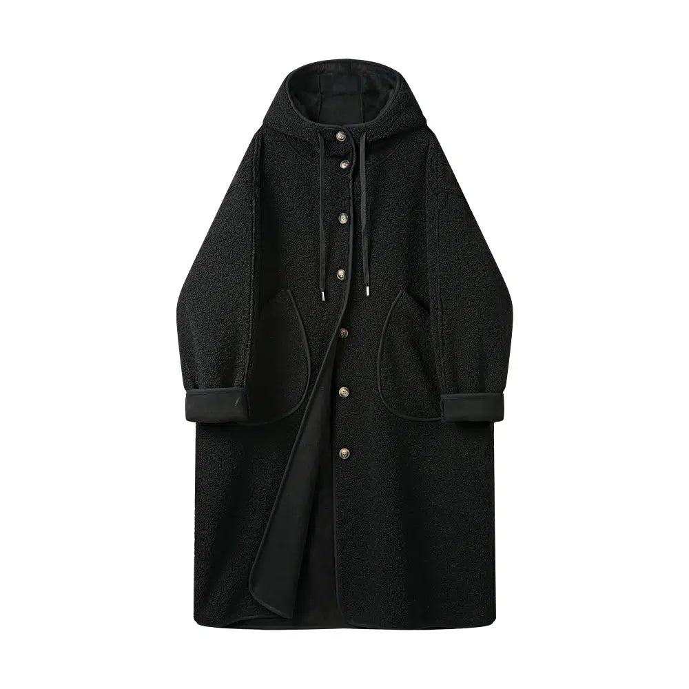 Button Closure Hooded Wool Coat