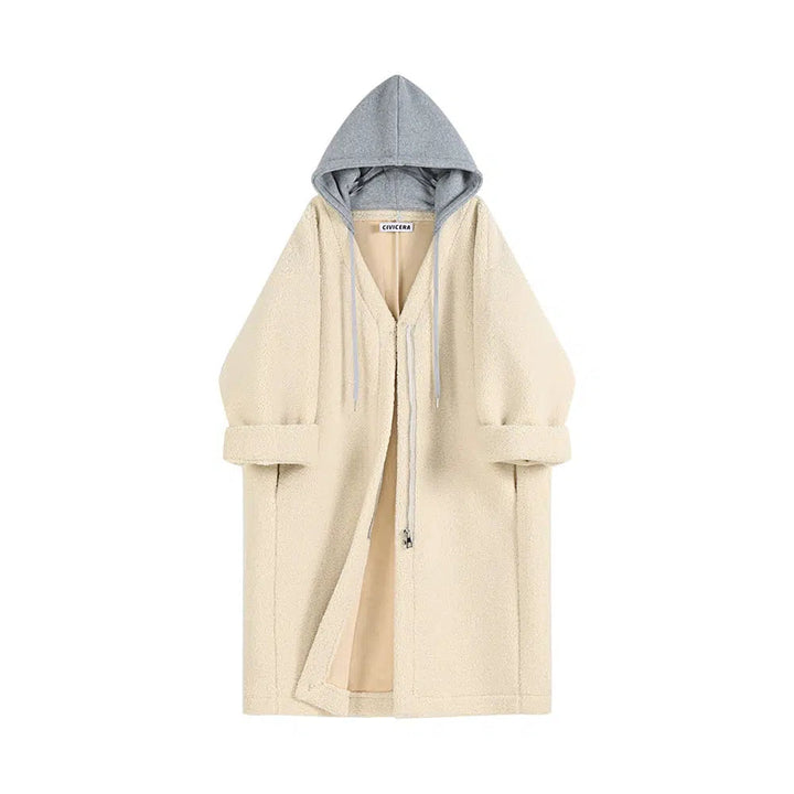 Drawstring Hooded Zip Wool Coat