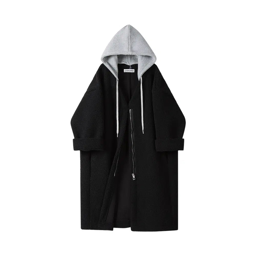 Drawstring Hooded Zip Wool Coat