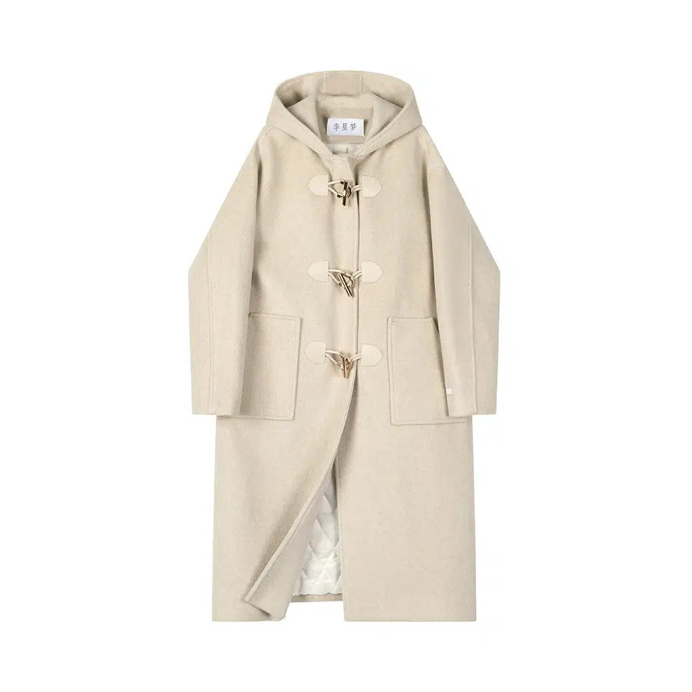 Toggle Closure Hooded Wool Duffle Coat