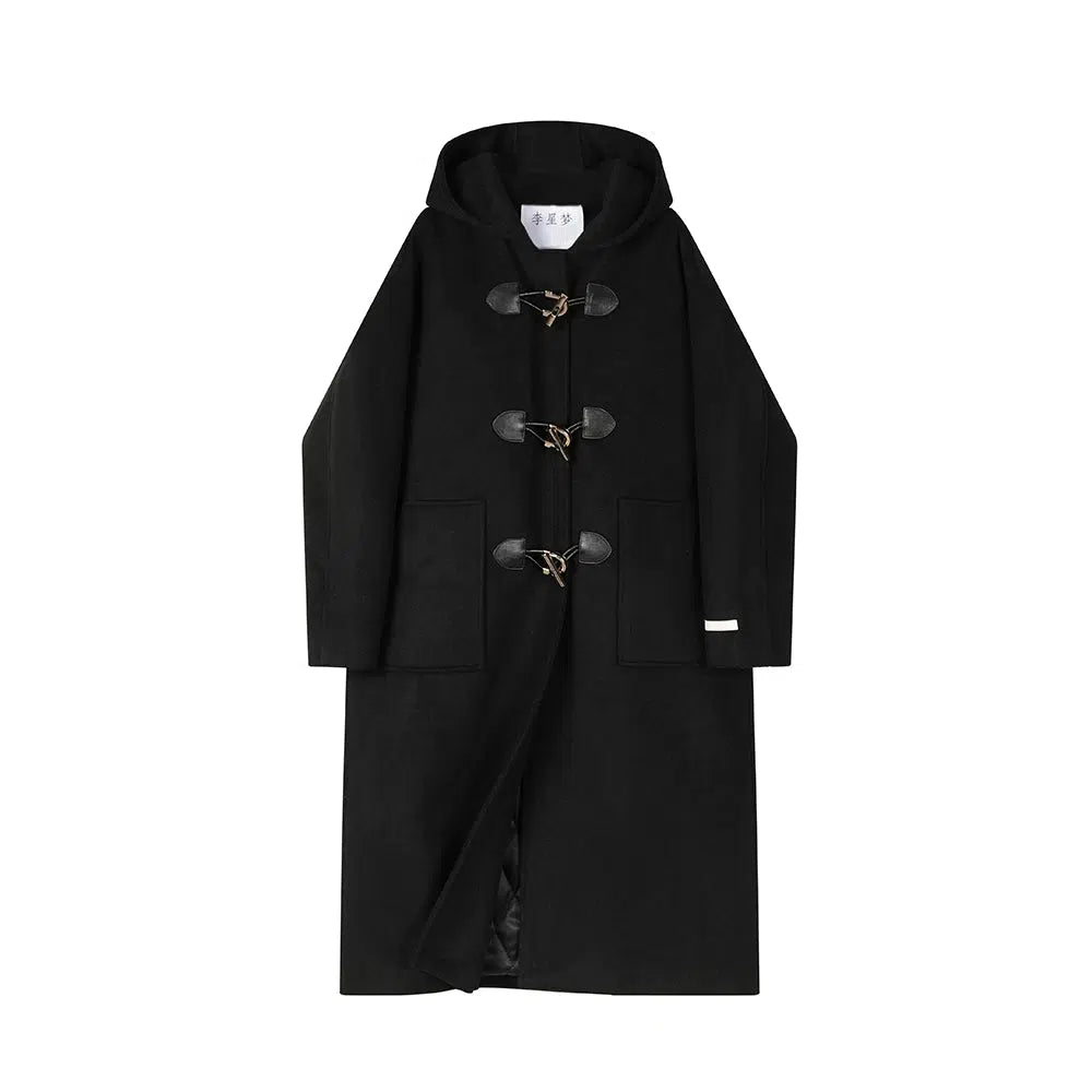 Toggle Closure Hooded Wool Duffle Coat