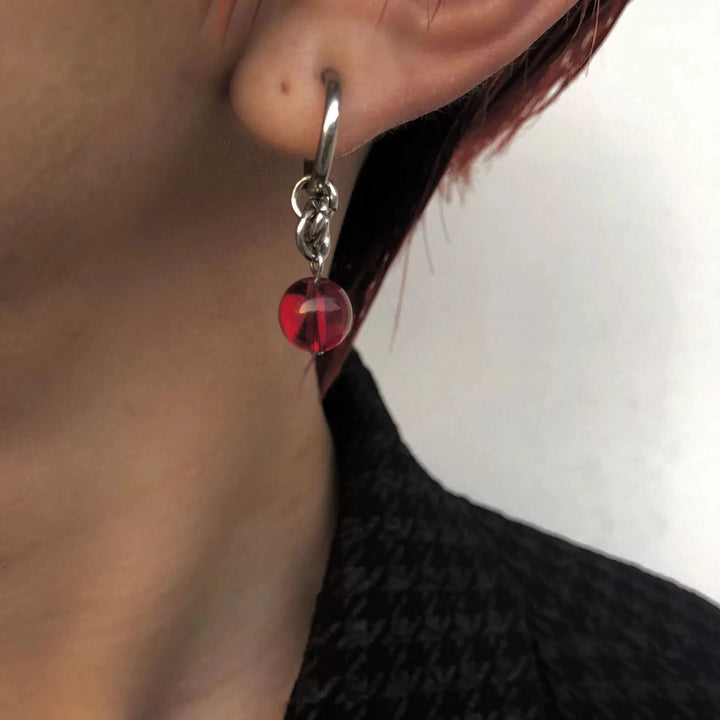 Hoop Earrings with Red Gemstone Charm