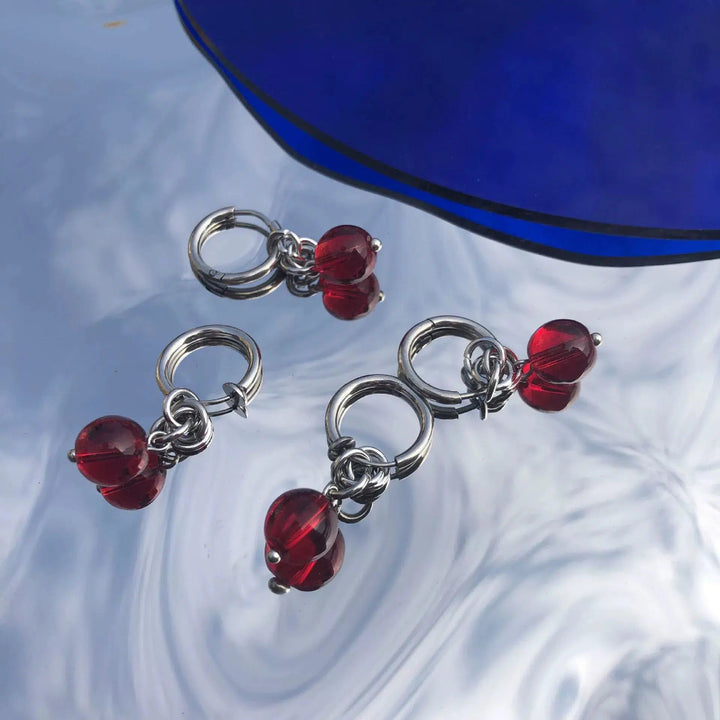 Hoop Earrings with Red Gemstone Charm