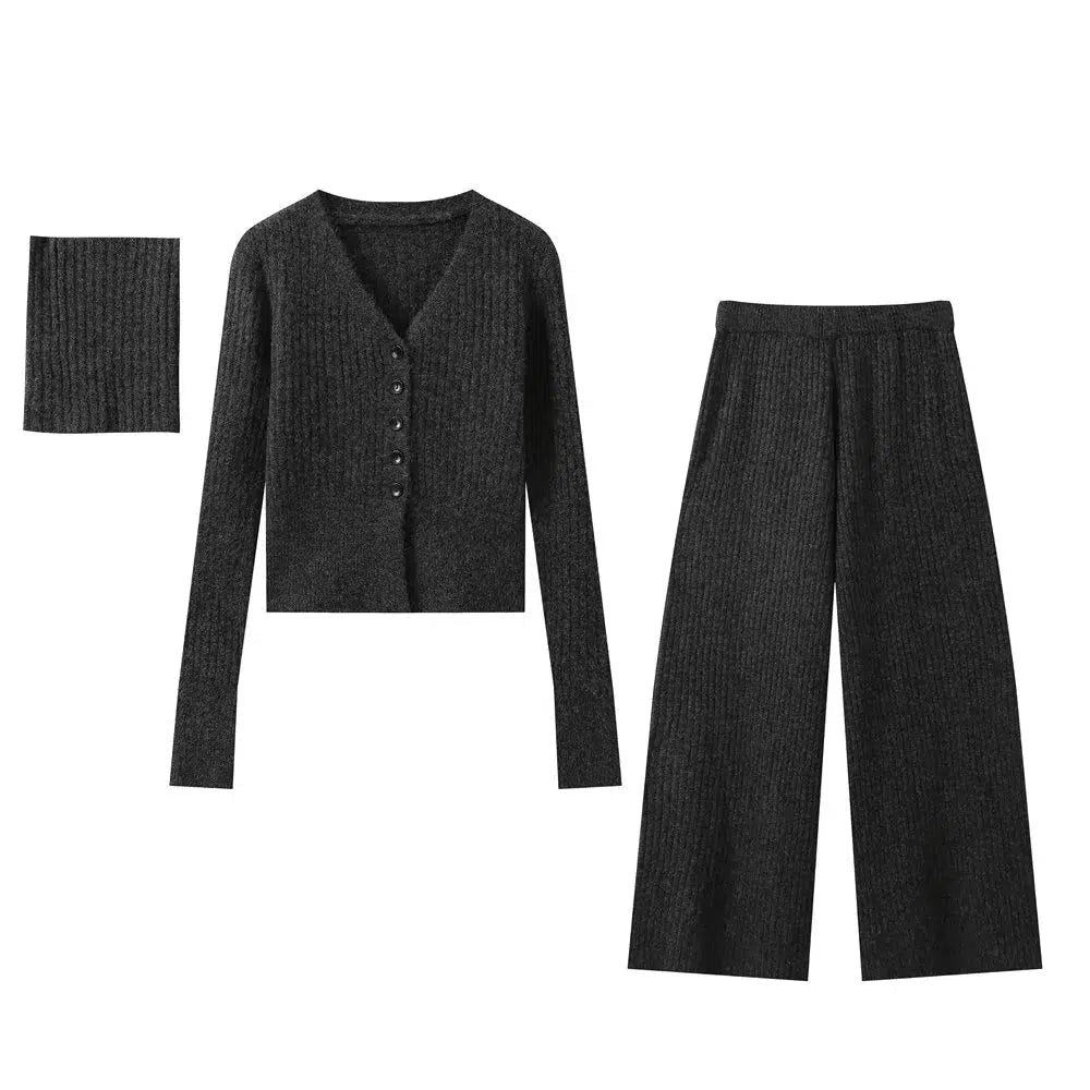 Knit Scarf Cardigan Pants Three-piece Set