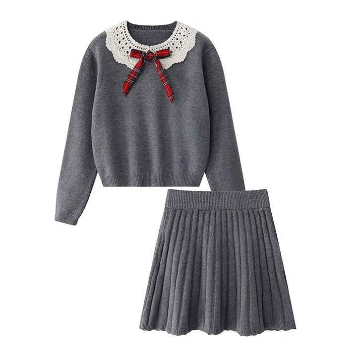 Bow Lace Collar Knitted Sweater and Skirt Set