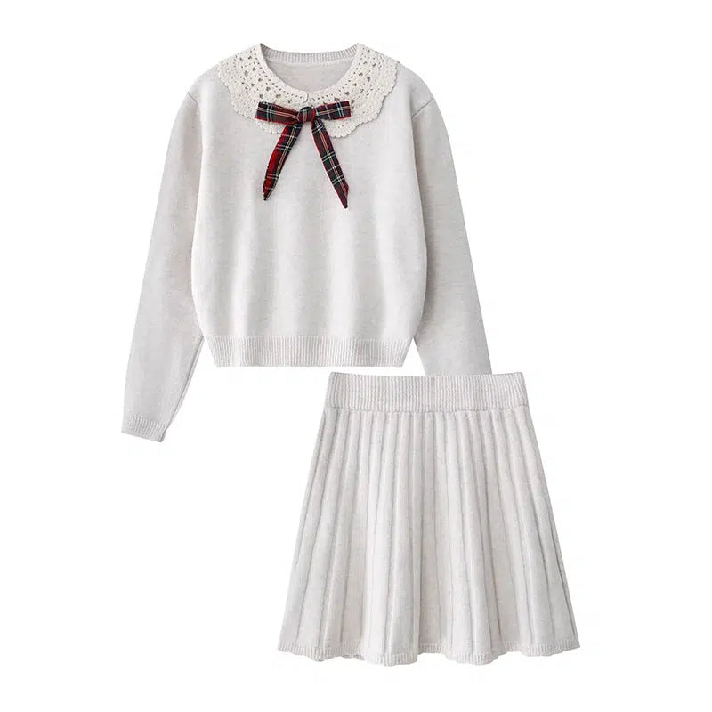 Bow Lace Collar Knitted Sweater and Skirt Set