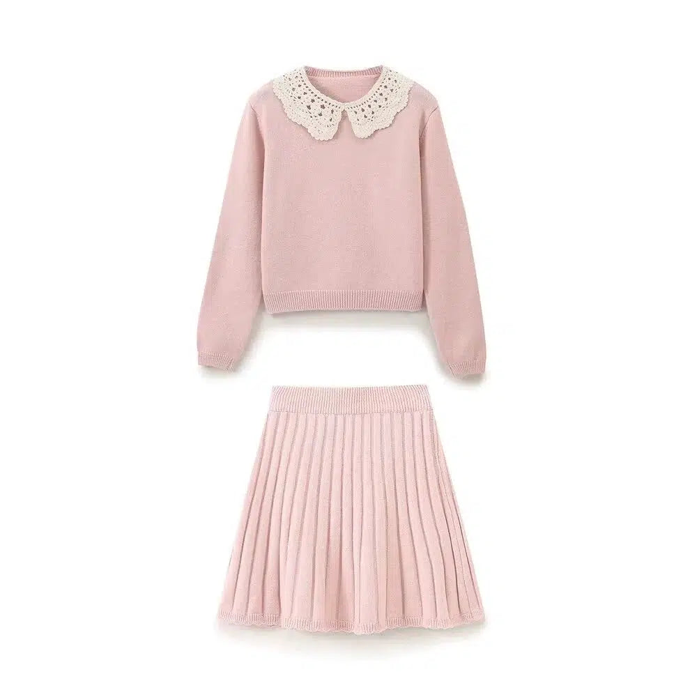 Lace Collar Knit Sweater Pleated Skirt Set