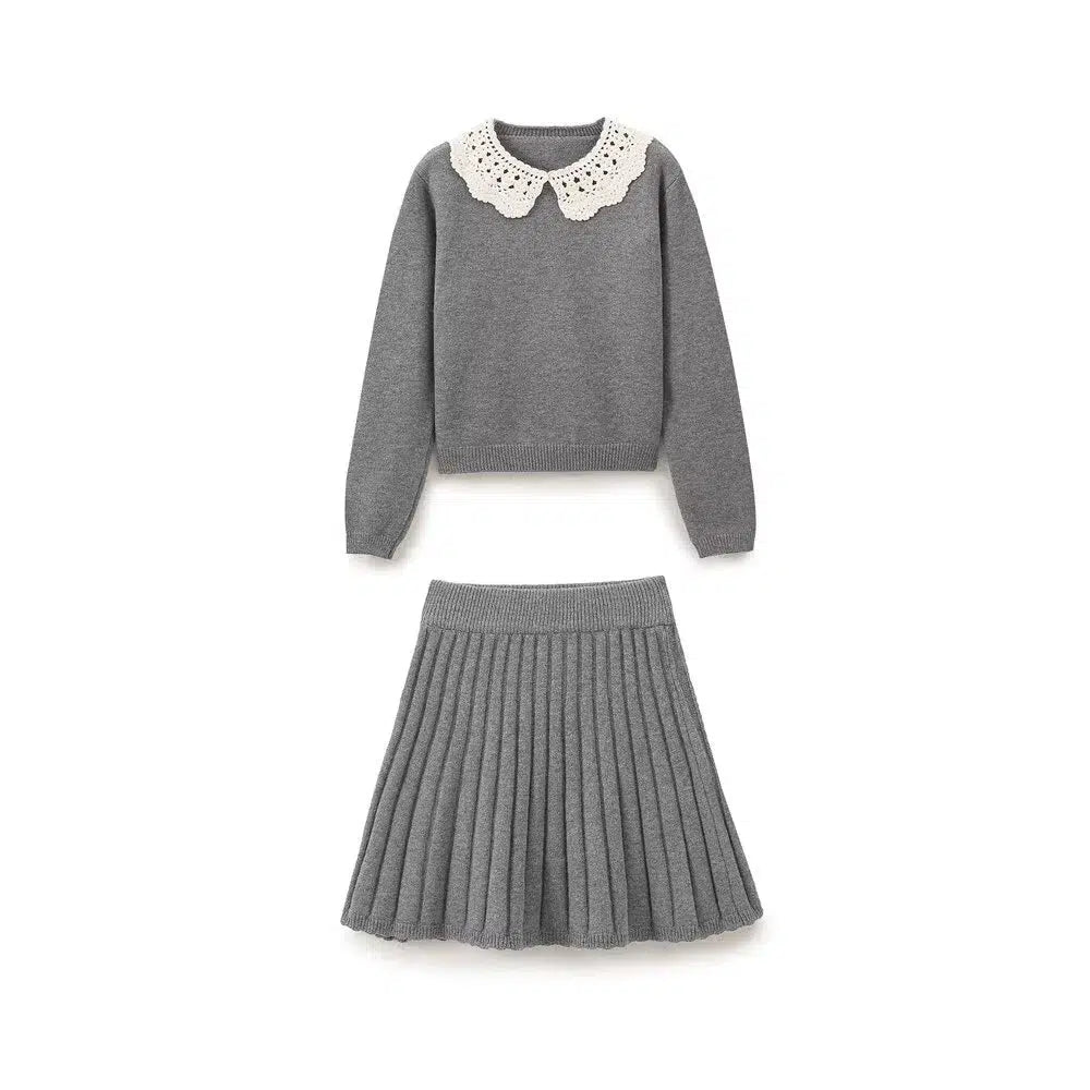 Lace Collar Knit Sweater Pleated Skirt Set