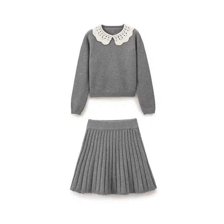 Lace Collar Knit Sweater Pleated Skirt Set