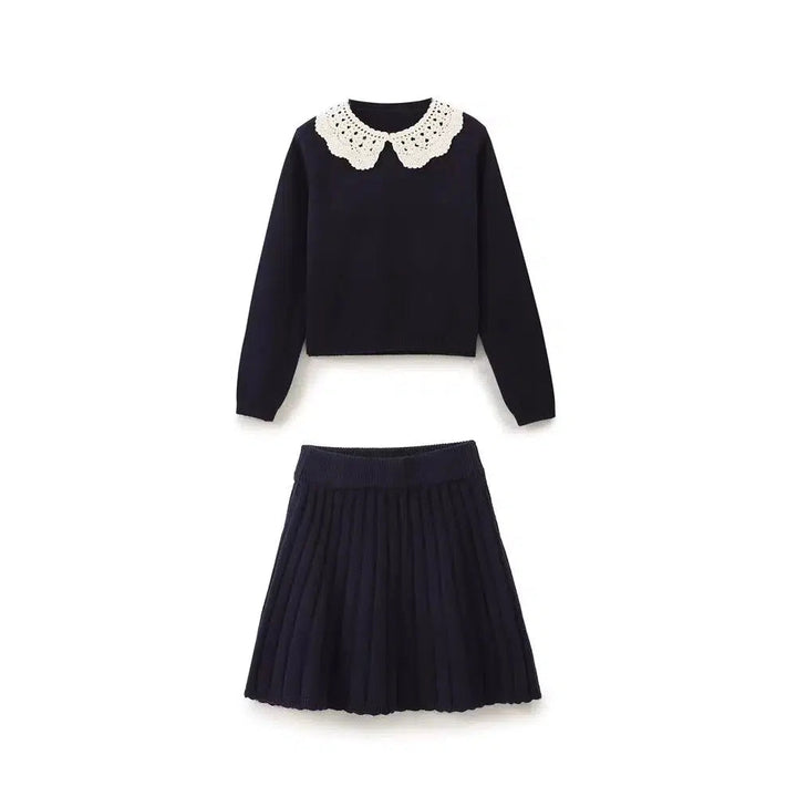 Lace Collar Knit Sweater Pleated Skirt Set