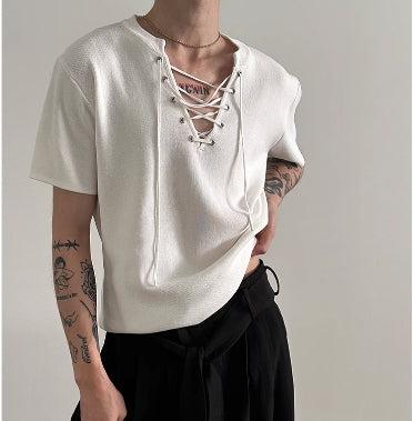 Lace-Up Drawstring V Knitted Top