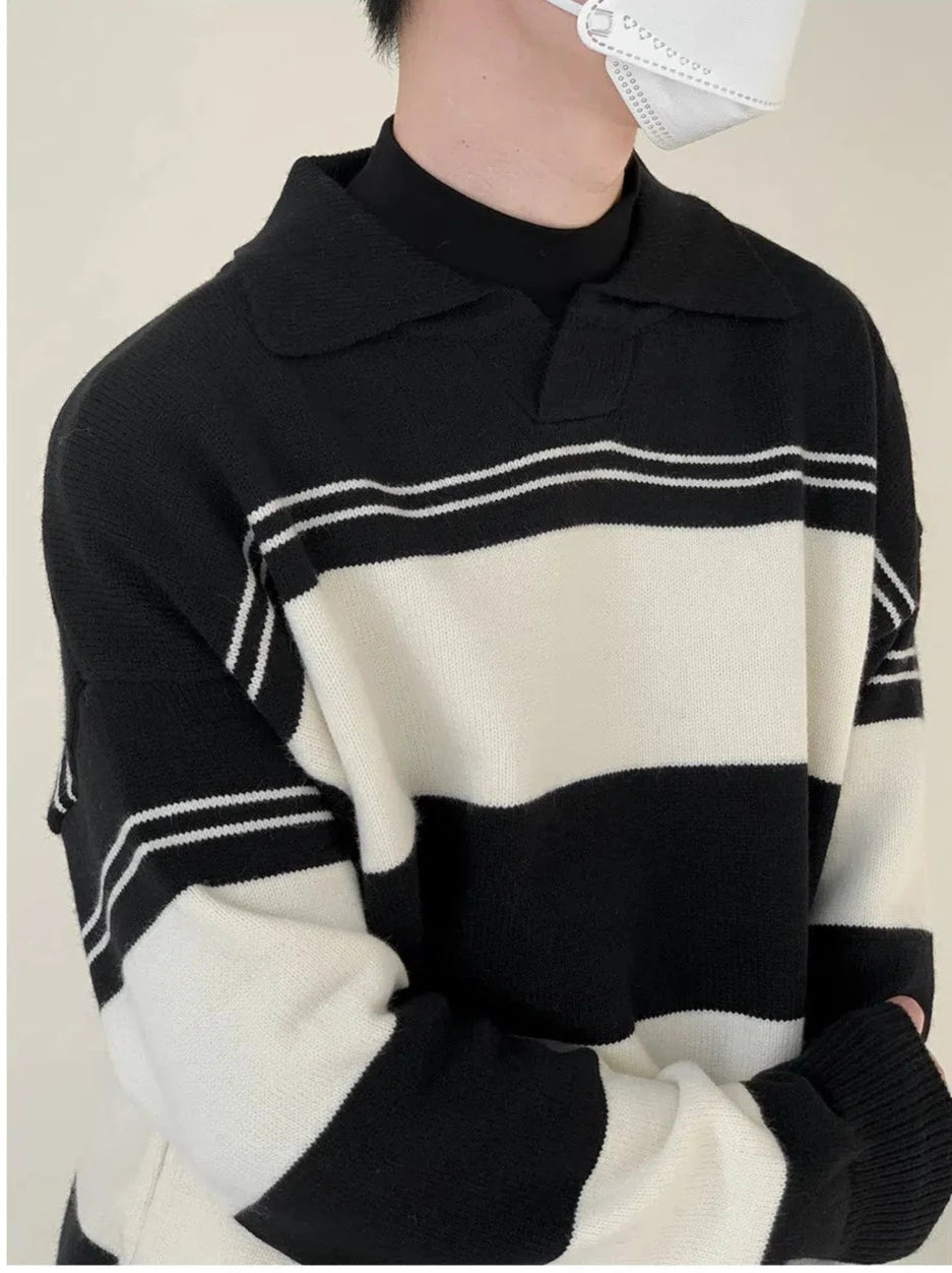 Lapel Black And White Striped Sweater