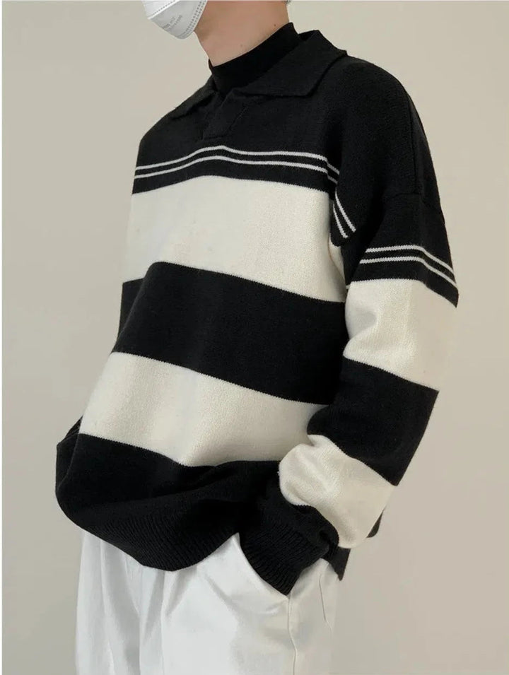 Lapel Black And White Striped Sweater