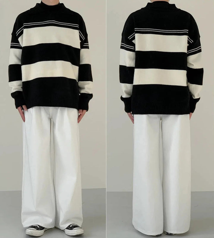 Lapel Black And White Striped Sweater