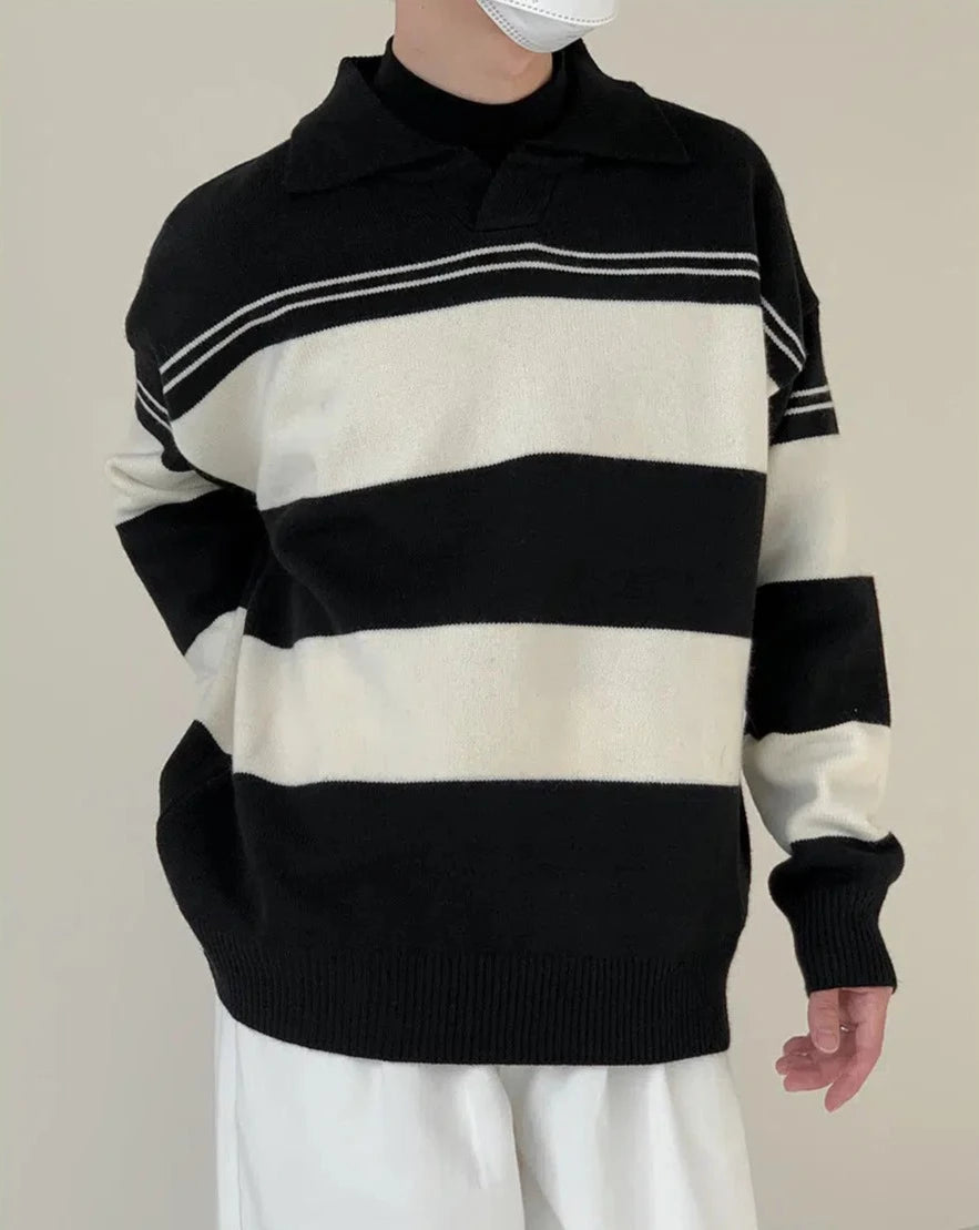 Lapel Black And White Striped Sweater