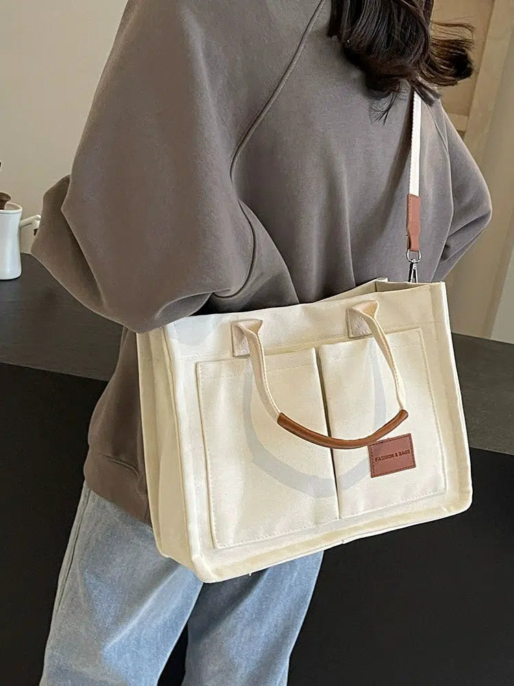 Leather Handle Canvas Tote Bag