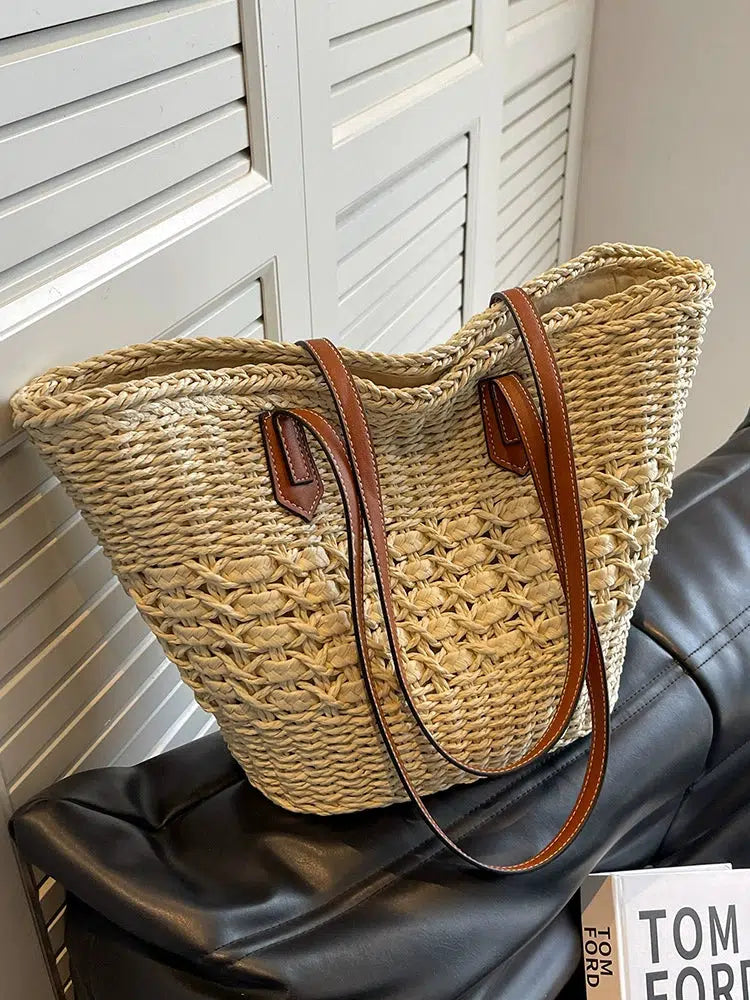 Leather Handles Woven Straw Tote Bag