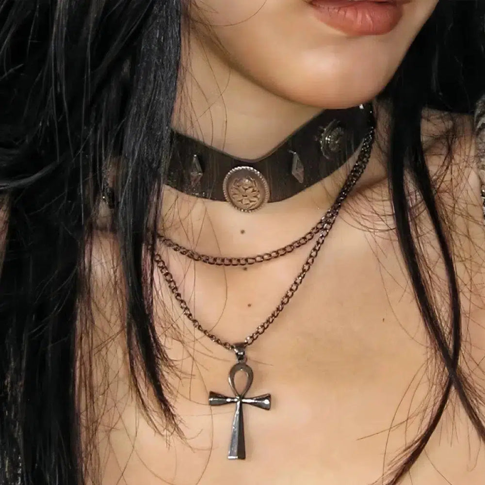 Leather Rivet Punk Cross Stud Necklace