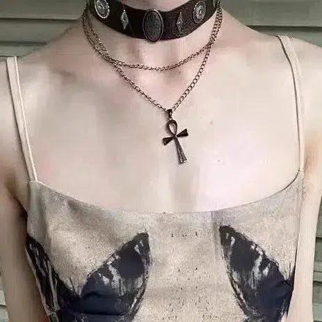 Leather Rivet Punk Cross Stud Necklace