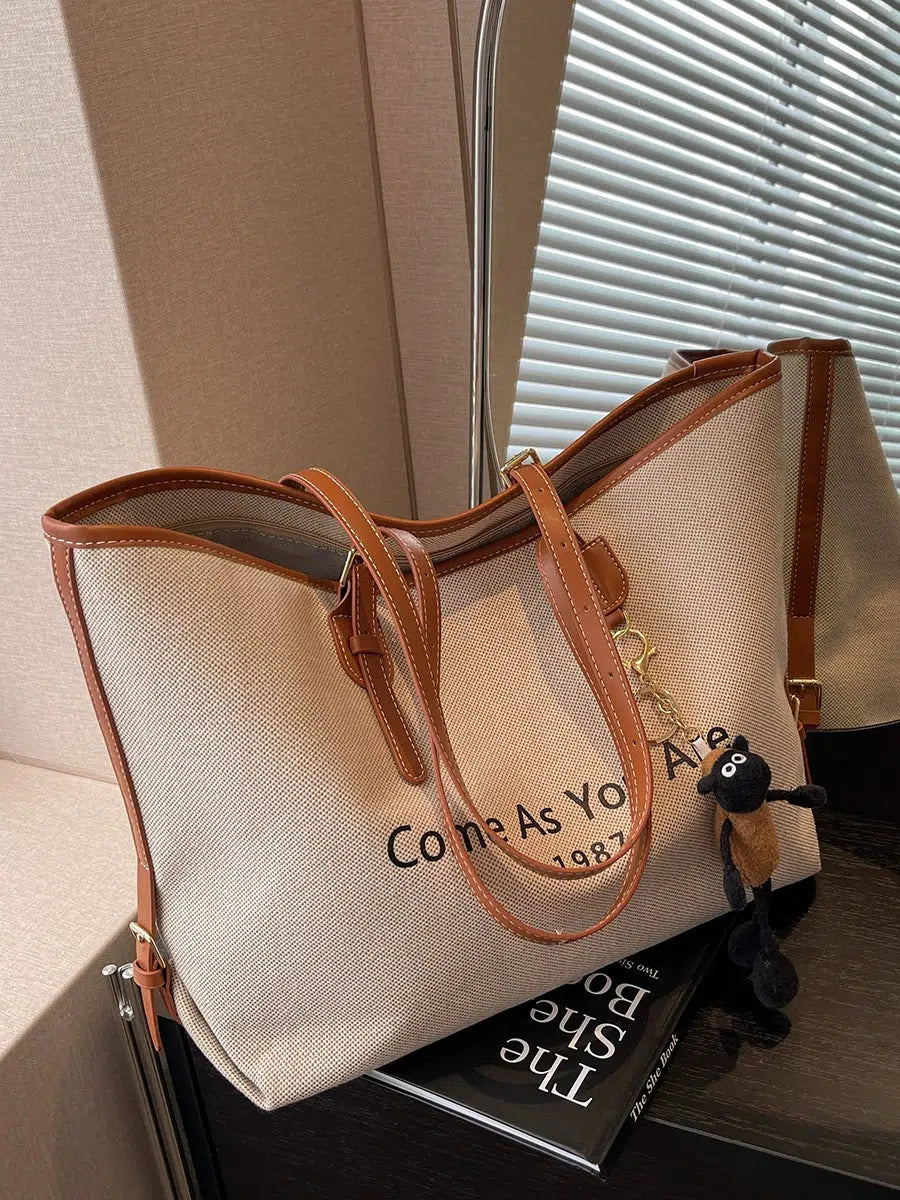 Leather Straps Canvas Tote Bag