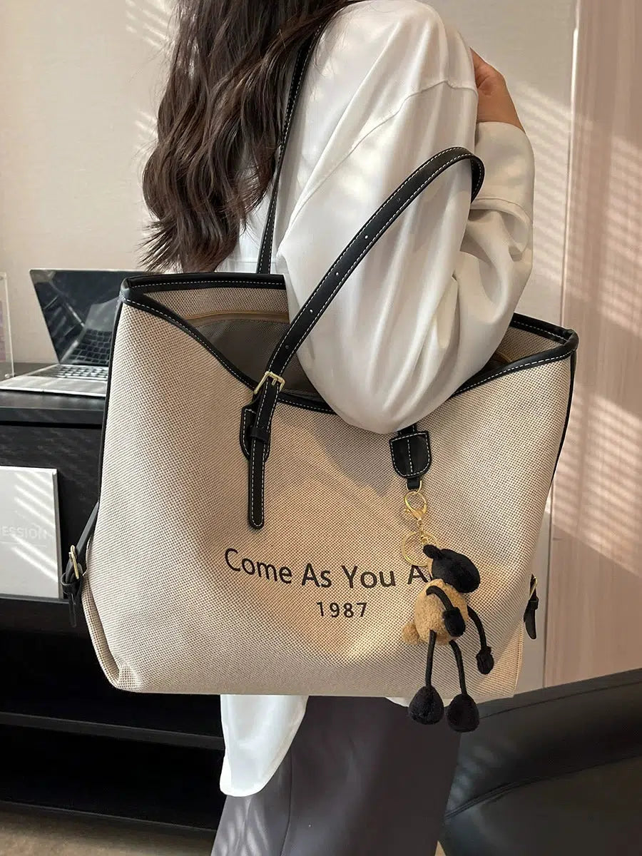 Leather Straps Canvas Tote Bag