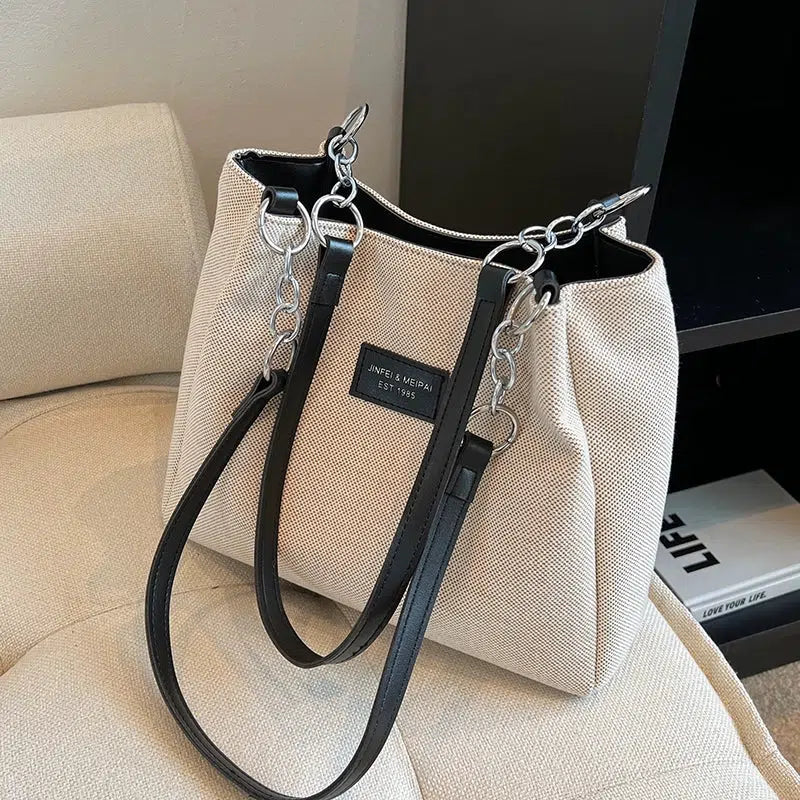 Leather Straps Canvas Tote Bag