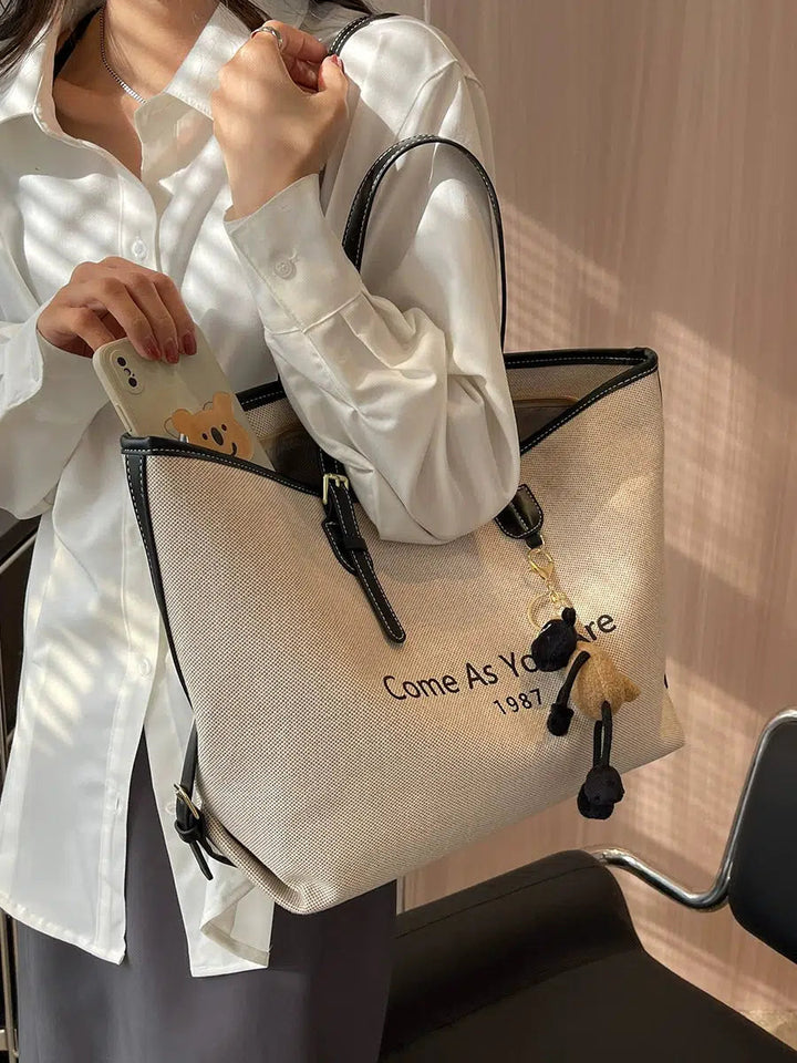 Leather Straps Canvas Tote Bag