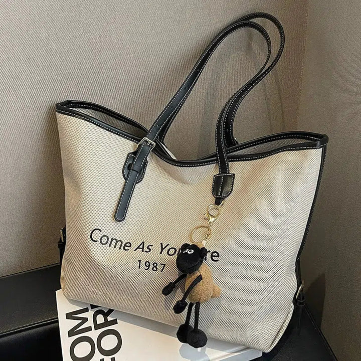 Leather Straps Canvas Tote Bag