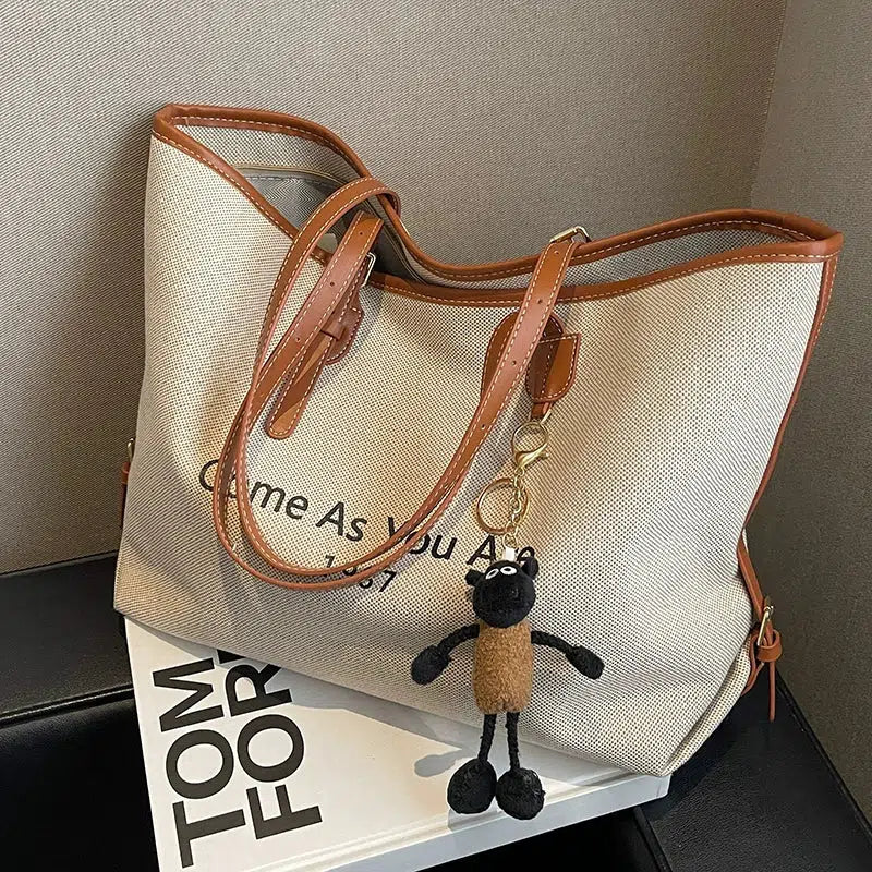 Leather Straps Canvas Tote Bag