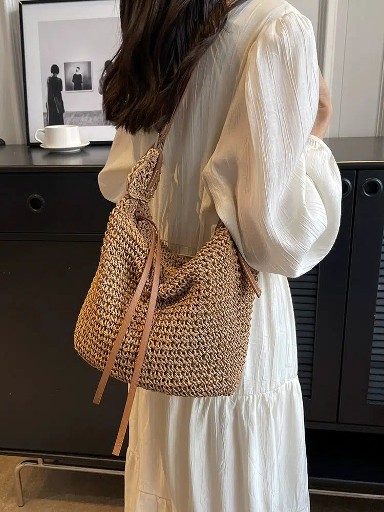 Leather Straps Handwoven Bucket Bag